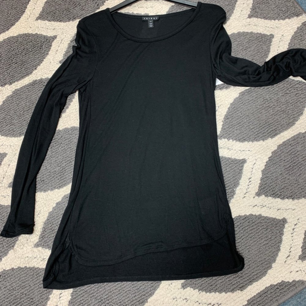Long Sleeve Double Binding Scoop Neck Black Top